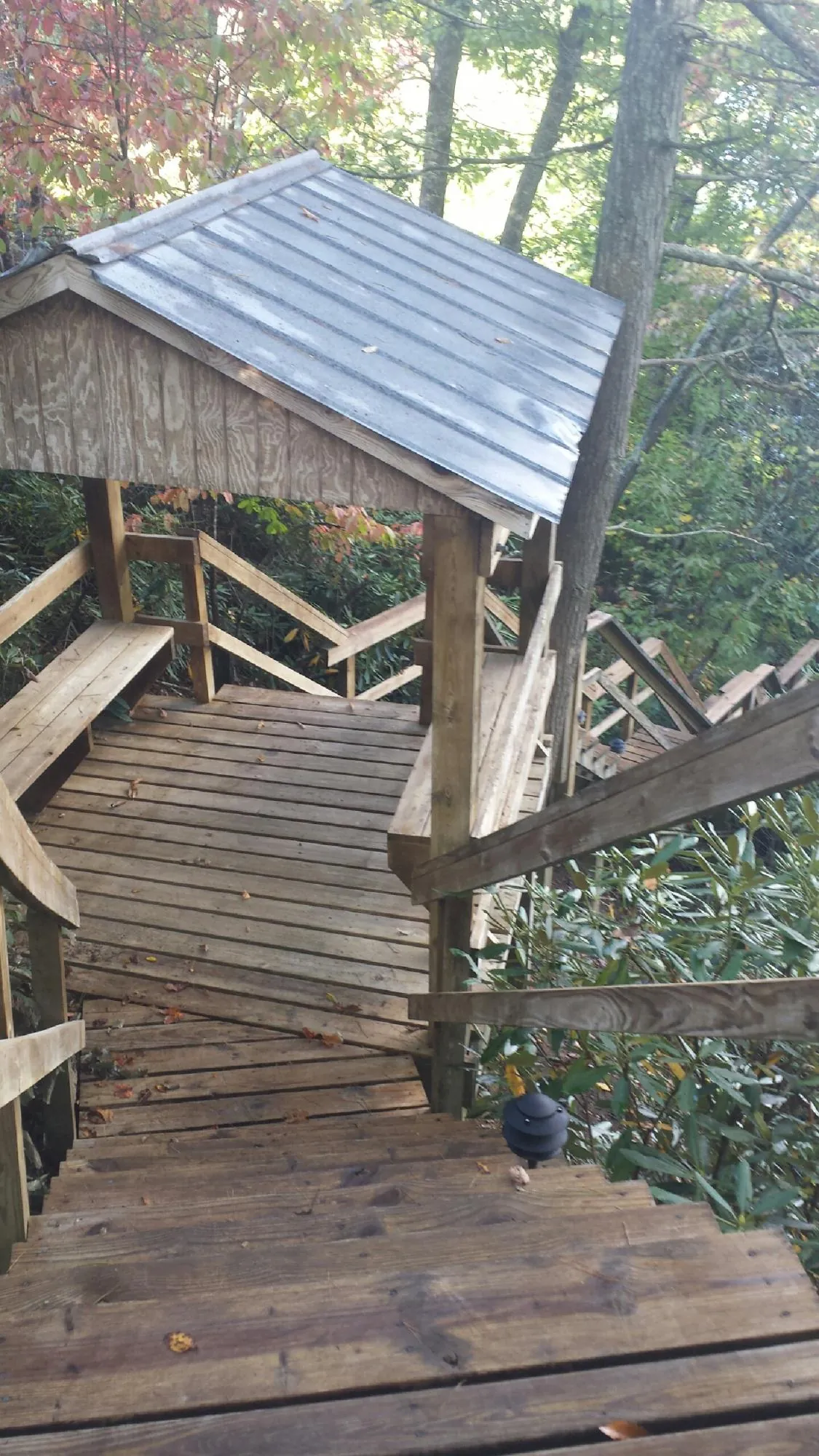 Metal roofed shelter over wooden steps on a wooded walkway — Skylight Repair & Installation work by our crew in Creighton